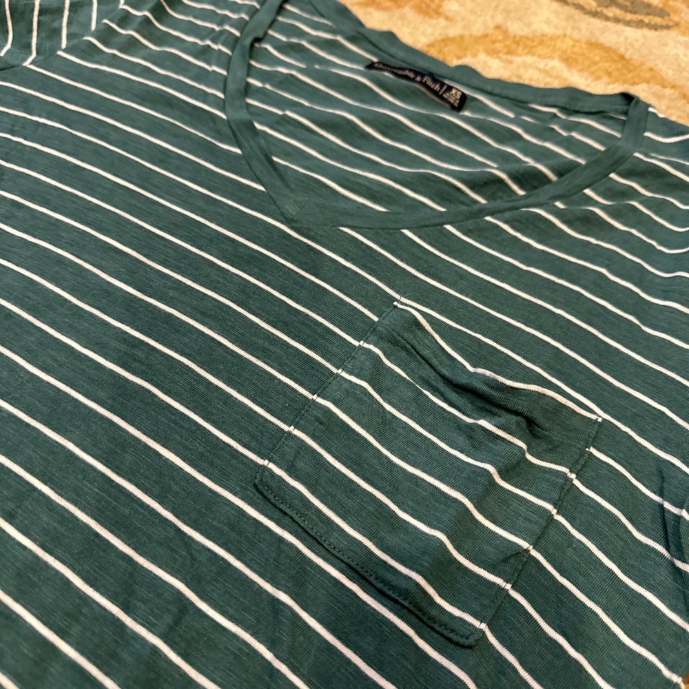 Abercrombie Green and White Striped V-Neck T-Shirt